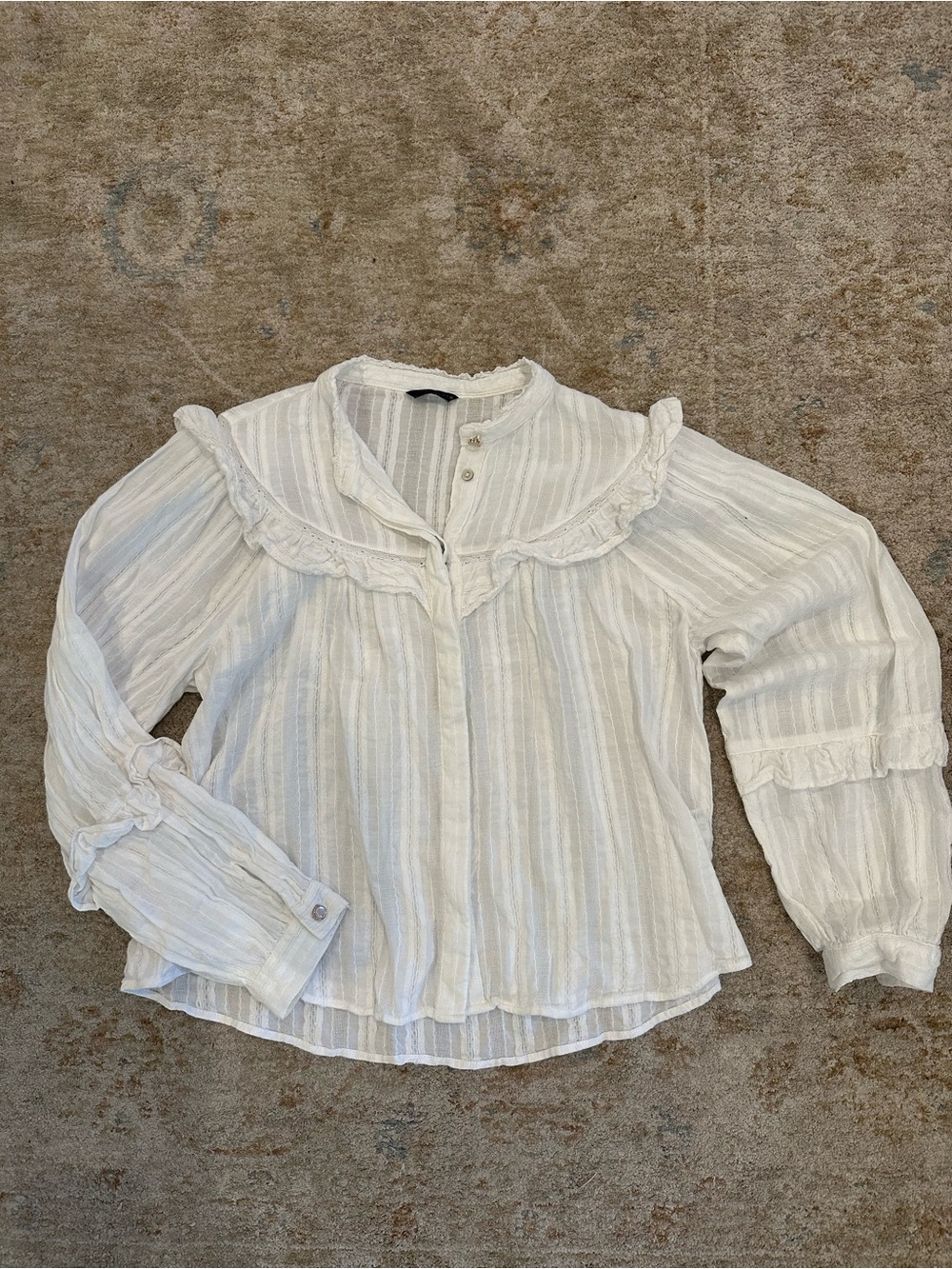 Zara White Textured Ruffle-Trim Blouse